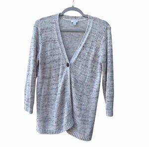 J.Jill Linen Blend Knit Cardigan Gray Space Dye Single Button 3/4 Sleeve WM SZ S